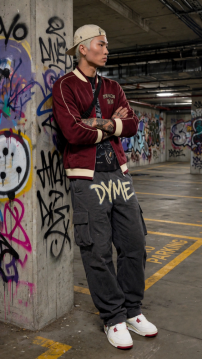 Varsity jacket against a graffiti pillar