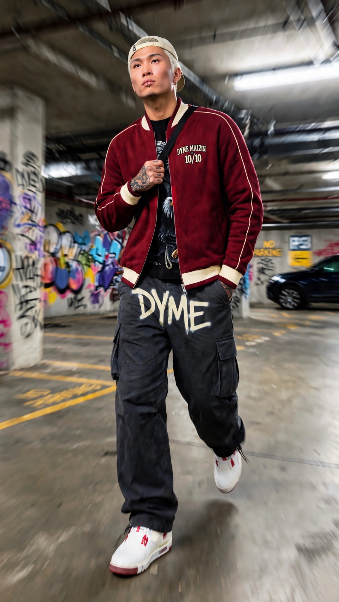 Burgundy varsity jacket and DYME cargos, parkade