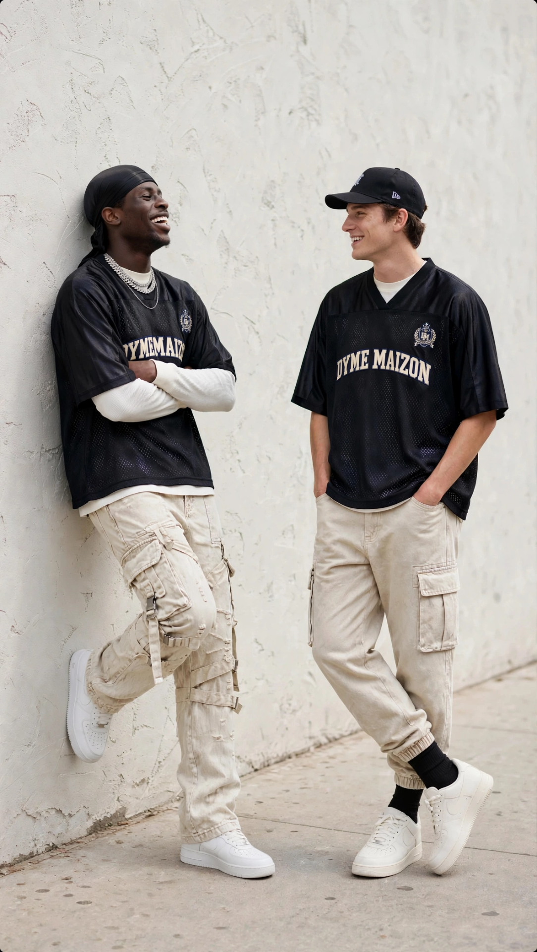 Two models against a white textured wall in Dyme Maizon mesh jerseys and cream cargo pants