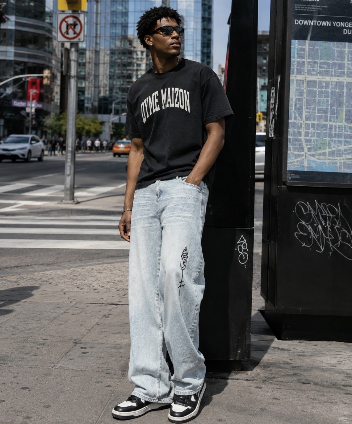 Dyme Maizon tee and baggy denim on a Toronto street corner