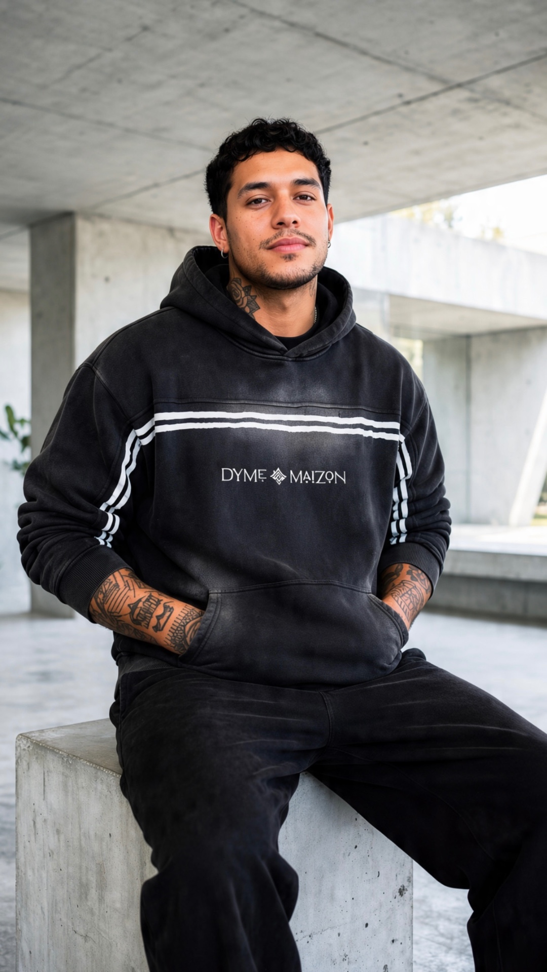 Striped Dyme Maizon hoodie seated on concrete