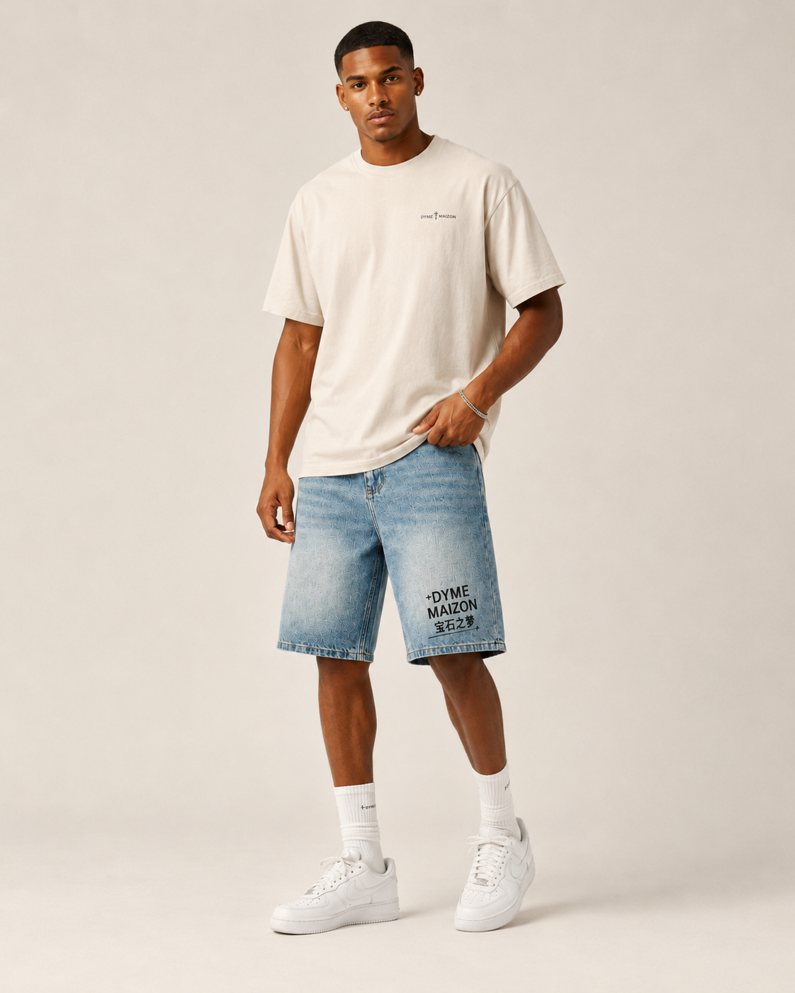 Cream floral tee and denim shorts, front